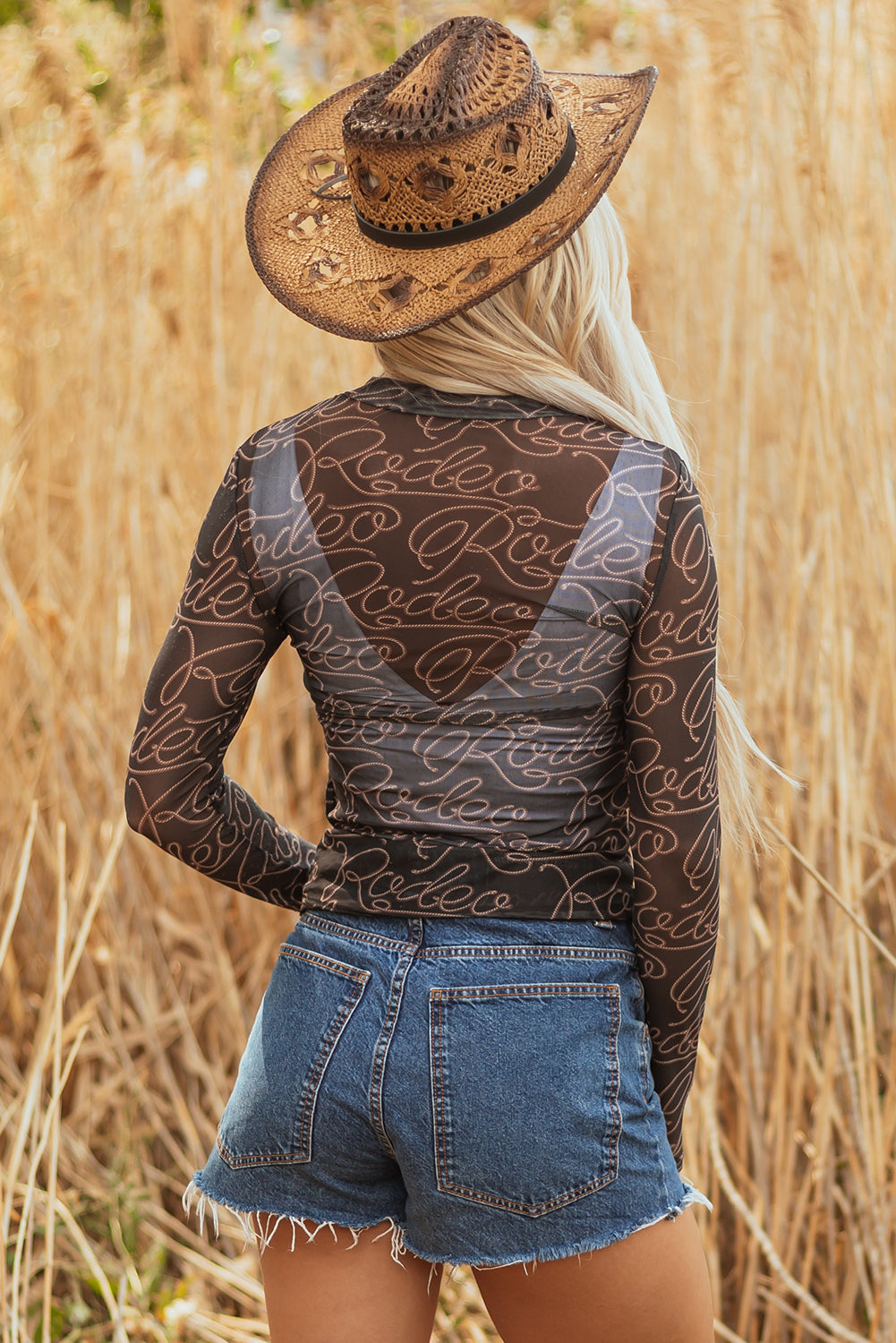 Western Rodeo Printed Mock Neck Long Sleeve Mesh Top in Black