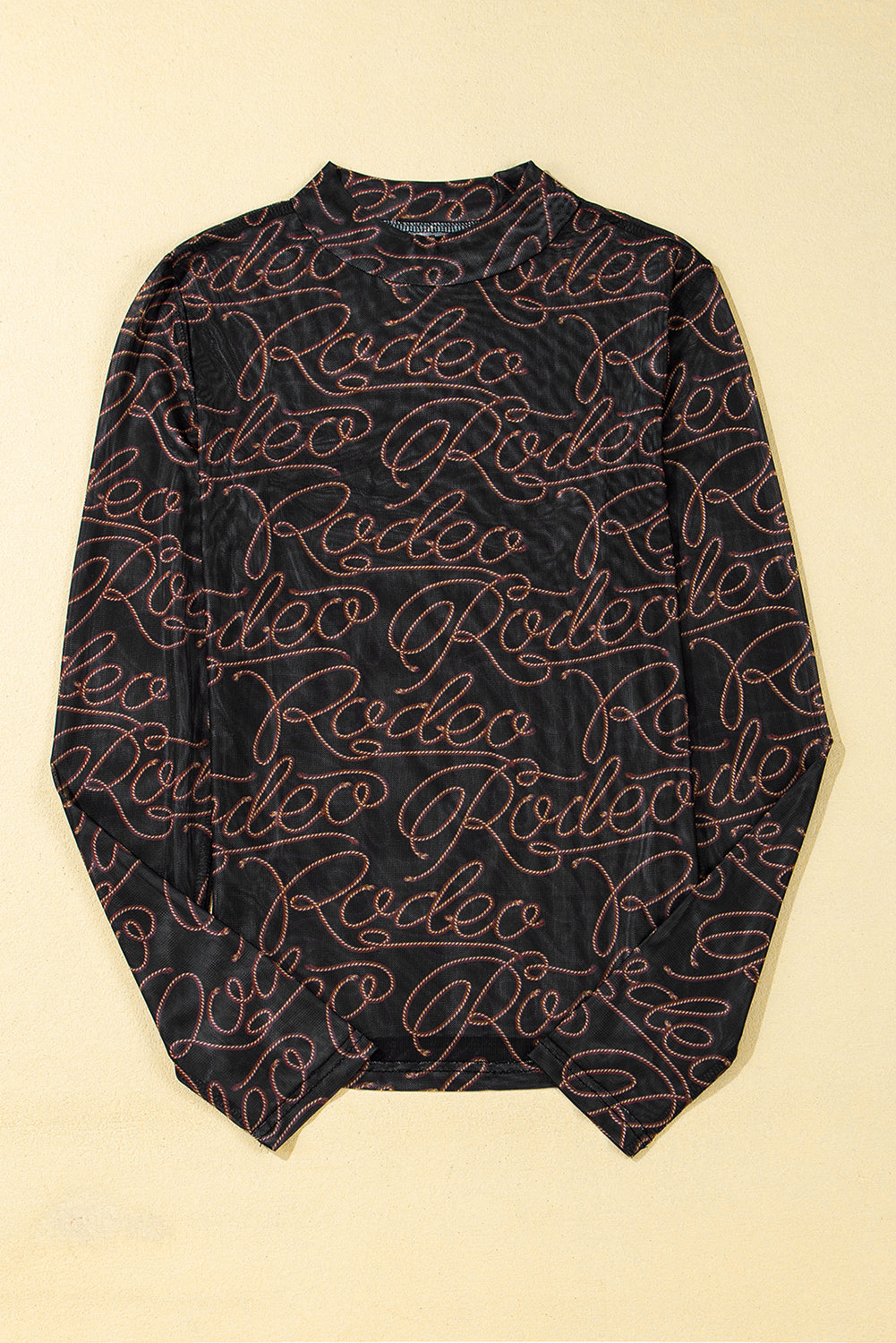 Western Rodeo Printed Mock Neck Long Sleeve Mesh Top in Black