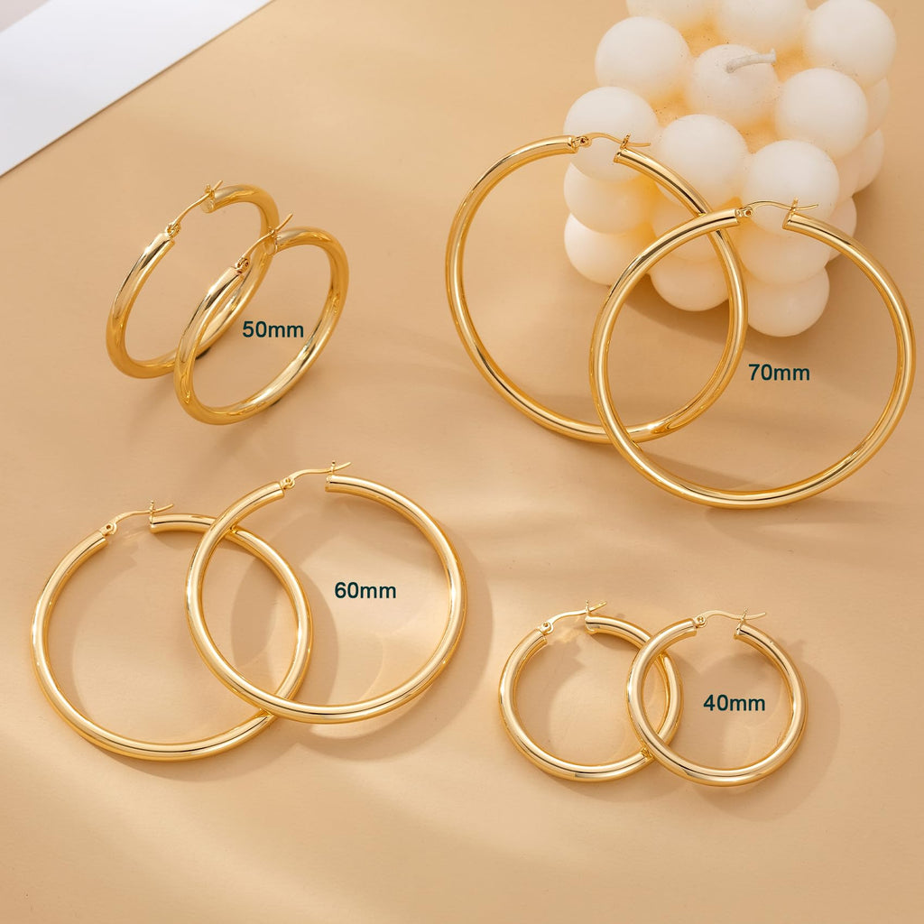 4mm Thick Gold Chunky Earrings Steling Silver Post Hoops Earrings For Women Hollow Tube Hoops Earrings Thick Gold Hoop Earrings Hypoallergenic Lightweight Gold Hoop Large Earrings 20/30/40/50/60MM