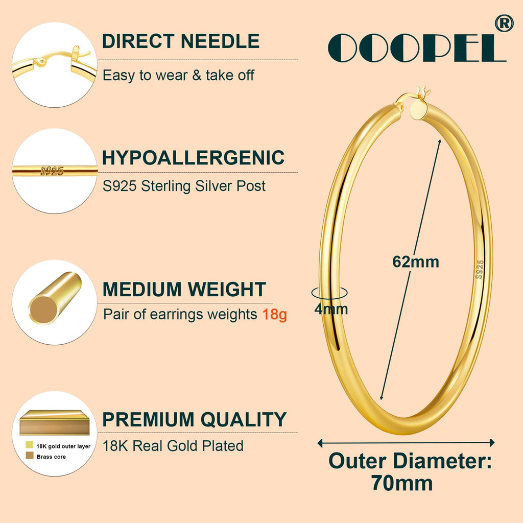 4mm Thick Gold Chunky Earrings Steling Silver Post Hoops Earrings For Women Hollow Tube Hoops Earrings Thick Gold Hoop Earrings Hypoallergenic Lightweight Gold Hoop Large Earrings 20/30/40/50/60MM