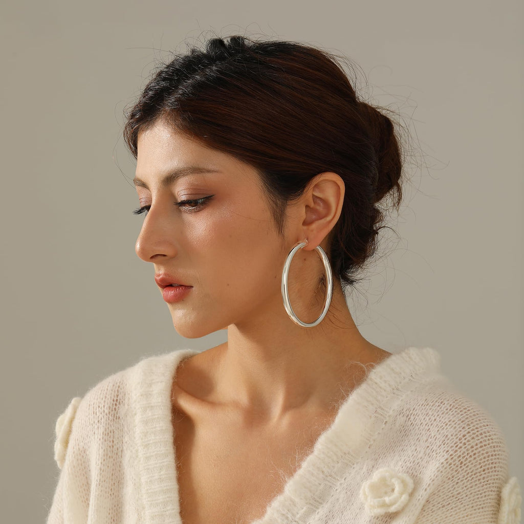 4mm Thick Gold Chunky Earrings Steling Silver Post Hoops Earrings For Women Hollow Tube Hoops Earrings Thick Gold Hoop Earrings Hypoallergenic Lightweight Gold Hoop Large Earrings 20/30/40/50/60MM