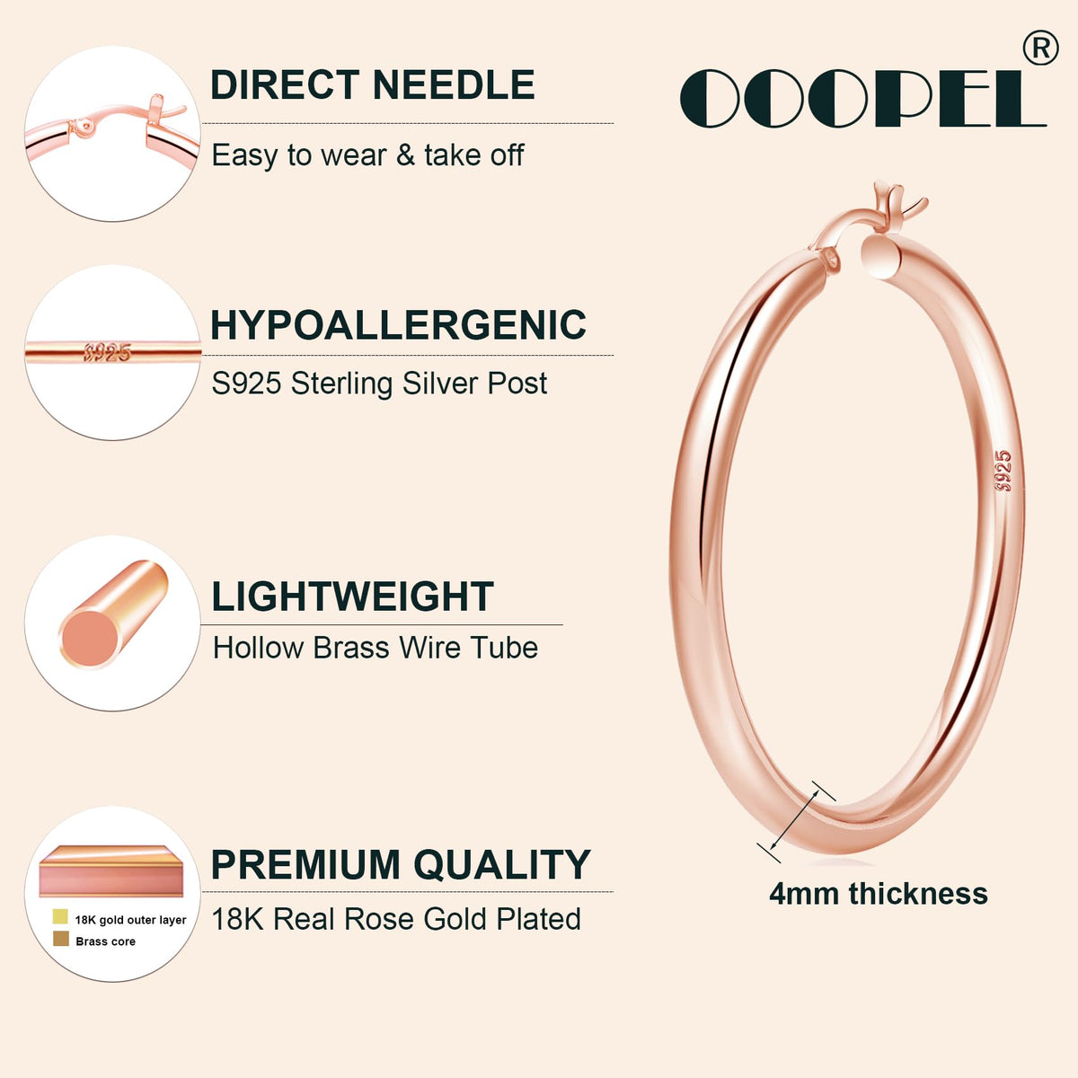 4mm Thick Gold Chunky Earrings Steling Silver Post Hoops Earrings For Women Hollow Tube Hoops Earrings Thick Gold Hoop Earrings Hypoallergenic Lightweight Gold Hoop Large Earrings 20/30/40/50/60MM