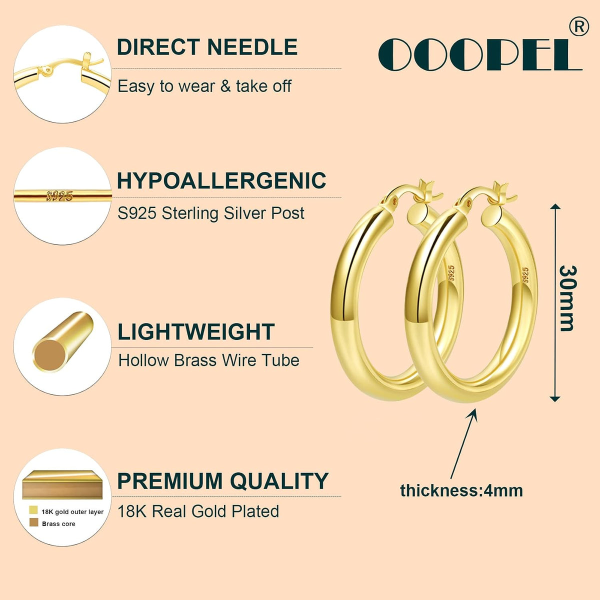 4mm Thick Gold Chunky Earrings Steling Silver Post Hoops Earrings For Women Hollow Tube Hoops Earrings Thick Gold Hoop Earrings Hypoallergenic Lightweight Gold Hoop Large Earrings 20/30/40/50/60MM