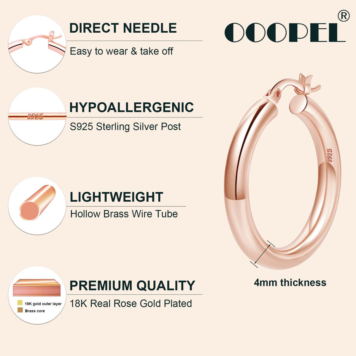 4mm Thick Gold Chunky Earrings Steling Silver Post Hoops Earrings For Women Hollow Tube Hoops Earrings Thick Gold Hoop Earrings Hypoallergenic Lightweight Gold Hoop Large Earrings 20/30/40/50/60MM