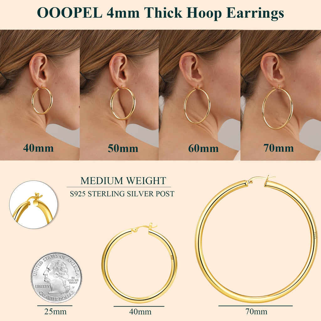 4mm Thick Gold Chunky Earrings Steling Silver Post Hoops Earrings For Women Hollow Tube Hoops Earrings Thick Gold Hoop Earrings Hypoallergenic Lightweight Gold Hoop Large Earrings 20/30/40/50/60MM