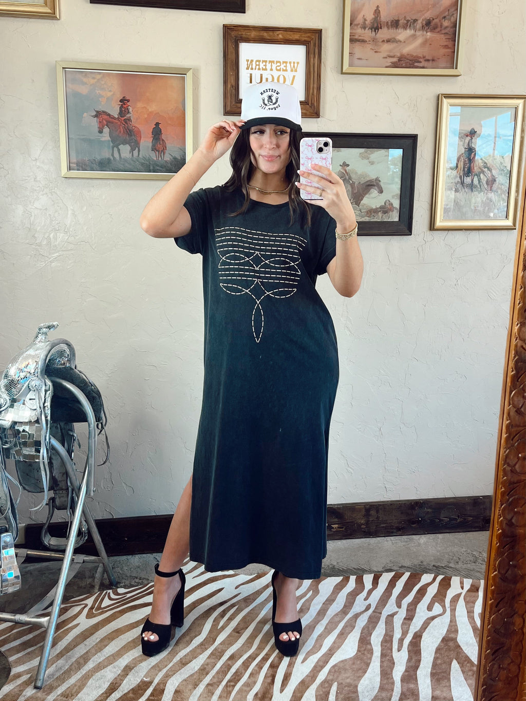 The Western Boot Stitch T-Shirt Dress in Brown