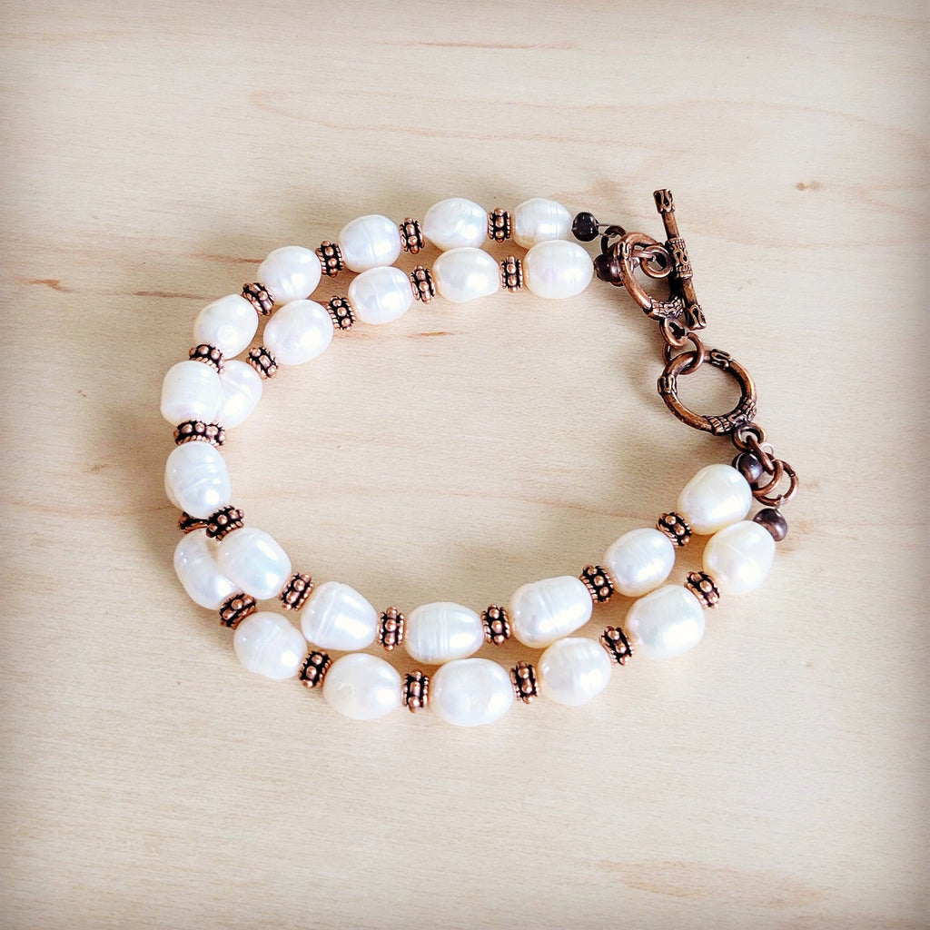 Freshwater Pearl & Copper Boho Beaded Double Strand Bracelet 811y