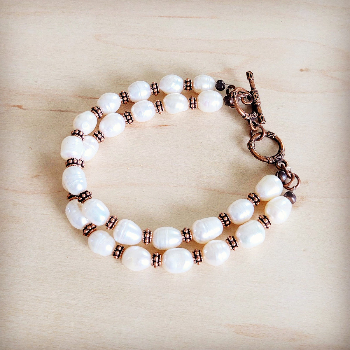Freshwater Pearl & Copper Boho Beaded Double Strand Bracelet 811y