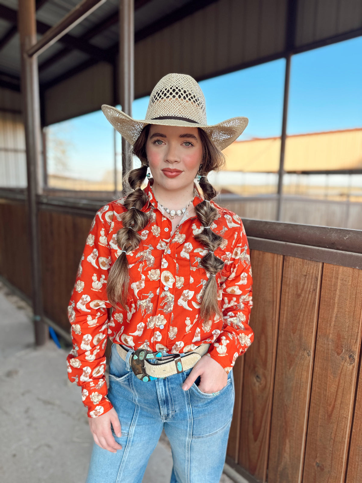 The Red Cactus Pearl Snap Top