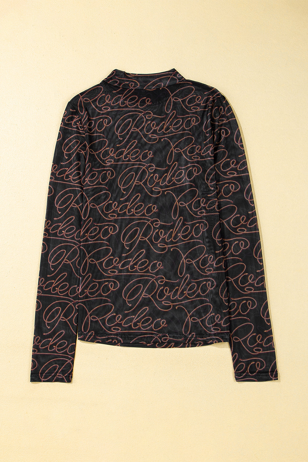 Western Rodeo Printed Mock Neck Long Sleeve Mesh Top in Black